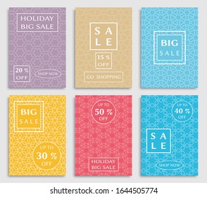 Sale banners, flyers with abstract geometric texture. Modern and vintage social media placard set for mobile website, posters, email and newsletter designs, ads, online shopping, promotional material