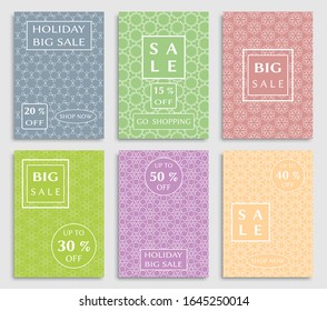 Sale banners, flyers with abstract geometric texture. Modern and vintage social media placard set for mobile website, posters, email and newsletter designs, ads, online shopping, promotional material