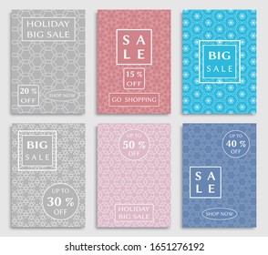 Sale banners, flyers with abstract geometric texture. Modern and vintage social media placard set for mobile website, posters, email and newsletter designs, ads, online shopping, promotional material