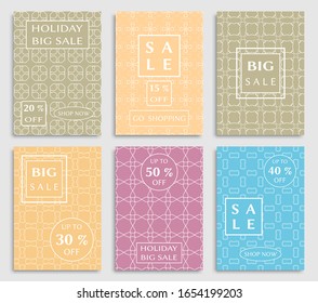 Sale banners, flyers with abstract geometric texture. Modern and vintage social media placard set for mobile website, posters, email and newsletter designs, ads, online shopping, promotional material