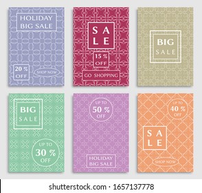 Sale banners, flyers with abstract geometric texture. Modern and vintage social media placard set for mobile website, posters, email and newsletter designs, ads, online shopping, promotional material