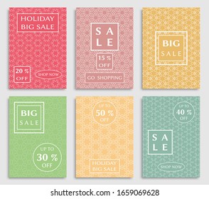 Sale banners, flyers with abstract geometric texture. Modern and vintage social media placard set for mobile website, posters, email and newsletter designs, ads, online shopping, promotional material