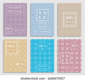 Sale banners, flyers with abstract geometric texture. Modern and vintage social media placard set for mobile website, posters, email and newsletter designs, ads, online shopping, promotional material