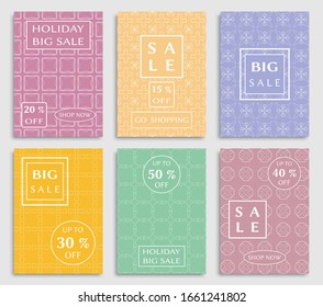 Sale banners, flyers with abstract geometric texture. Modern and vintage social media placard set for mobile website, posters, email and newsletter designs, ads, online shopping, promotional material