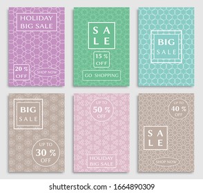 Sale banners, flyers with abstract geometric texture. Modern and vintage social media placard set for mobile website, posters, email and newsletter designs, ads, online shopping, promotional material