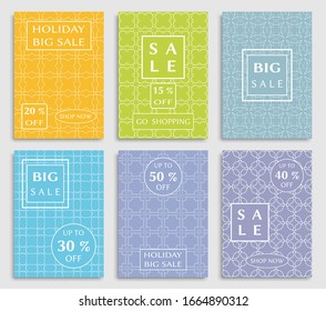 Sale banners, flyers with abstract geometric texture. Modern and vintage social media placard set for mobile website, posters, email and newsletter designs, ads, online shopping, promotional material