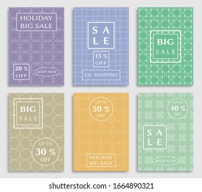 Sale banners, flyers with abstract geometric texture. Modern and vintage social media placard set for mobile website, posters, email and newsletter designs, ads, online shopping, promotional material