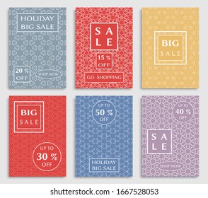 Sale banners, flyers with abstract geometric texture. Modern and vintage social media placard set for mobile website, posters, email and newsletter designs, ads, online shopping, promotional material