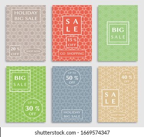 Sale banners, flyers with abstract geometric texture. Modern and vintage social media placard set for mobile website, posters, email and newsletter designs, ads, online shopping, promotional material