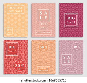 Sale banners, flyers with abstract geometric texture. Modern and vintage social media placard set for mobile website, posters, email and newsletter designs, ads, online shopping, promotional material