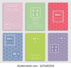 Sale banners, flyers with abstract geometric texture. Modern and vintage social media placard 
