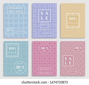 Sale banners, flyers with abstract geometric texture. Modern and vintage social media placard set for mobile website, posters, email and newsletter designs, ads, online shopping, promotional material