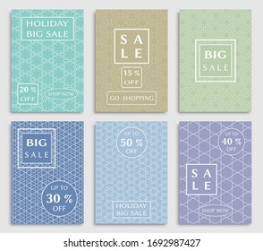 Sale banners, flyers with abstract geometric texture. Modern and vintage social media placard set for mobile website, posters, email and newsletter designs, ads, online shopping, promotional material
