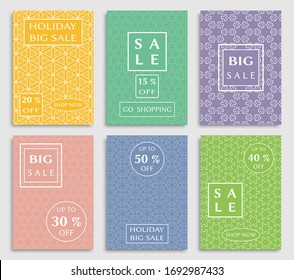 Sale banners, flyers with abstract geometric texture. Modern and vintage social media placard set for mobile website, posters, email and newsletter designs, ads, online shopping, promotional material