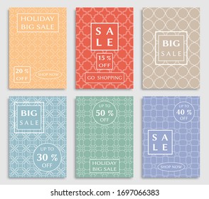 Sale banners, flyers with abstract geometric texture. Modern and vintage social media placard set for mobile website, posters, email and newsletter designs, ads, online shopping, promotional material