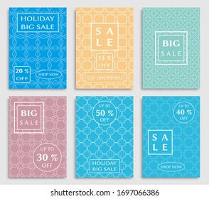 Sale banners, flyers with abstract geometric texture. Modern and vintage social media placard set for mobile website, posters, email and newsletter designs, ads, online shopping, promotional material