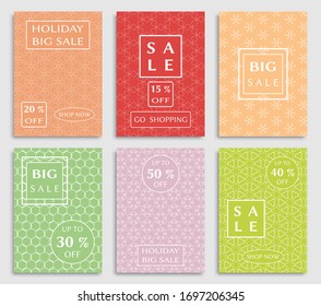 Sale banners, flyers with abstract geometric texture. Modern and vintage social media placard set for mobile website, posters, email and newsletter designs, ads, online shopping, promotional material