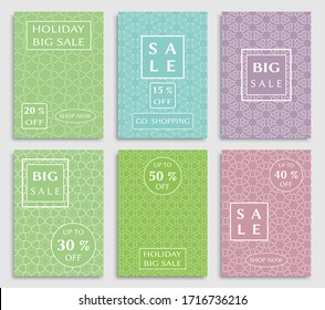 Sale banners, flyers with abstract geometric texture. Modern and vintage social media placard set  