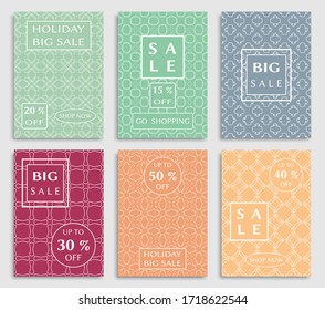 Sale banners, flyers with abstract geometric texture. Modern and vintage social media placard set for mobile website, posters, email and newsletter designs, ads, online shopping, promotional material