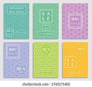 Sale banners, flyers with abstract geometric texture. Modern and vintage social media placard set for mobile website, posters, email and newsletter designs, ads, online shopping, promotional material
