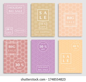 Sale banners, flyers with abstract geometric texture. Modern and vintage social media placard set for mobile website, posters, email and newsletter designs, ads, online shopping, promotional material