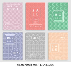 Sale banners, flyers with abstract geometric texture. Modern and vintage social media placard set for mobile website, posters, email and newsletter designs, ads, online shopping, promotional material