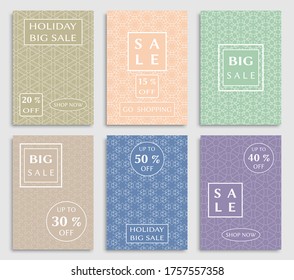 Sale banners, flyers with abstract geometric texture. Modern and vintage social media placard set for mobile website, posters, email and newsletter designs, ads, online shopping, promotional material