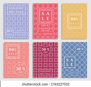 Sale banners, flyers with abstract geometric texture. Modern and vintage social media placard set for mobile website, posters, email and newsletter designs, ads, online shopping, promotional material