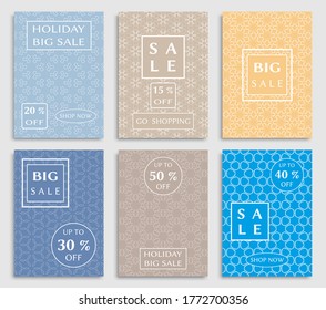 Sale banners, flyers with abstract geometric texture. Modern and vintage social media placard set for mobile website, posters, email and newsletter designs, ads, online shopping, promotional material