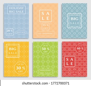 Sale banners, flyers with abstract geometric texture. Modern and vintage social media placard set for mobile website, posters, email and newsletter designs, ads, online shopping, promotional material