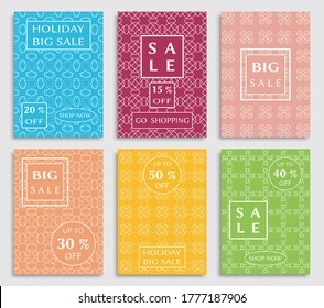 Sale banners, flyers with abstract geometric texture. Modern and vintage social media placard set for mobile website, posters, email and newsletter designs, ads, online shopping, promotional material
