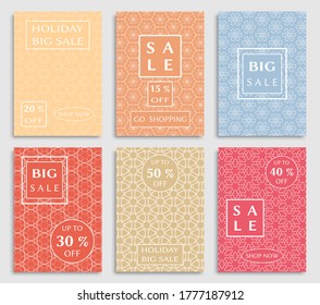 Sale banners, flyers with abstract geometric texture. Modern and vintage social media placard set for mobile website, posters, email and newsletter designs, ads, online shopping, promotional material