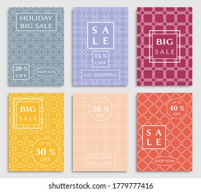 Sale banners, flyers with abstract geometric texture. Modern and vintage social media placard set for mobile website, posters, email and newsletter designs, ads, online shopping, promotional material