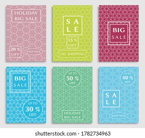 Sale banners, flyers with abstract geometric texture. Modern and vintage social media placard set for mobile website, posters, email and newsletter designs, ads, online shopping, promotional material