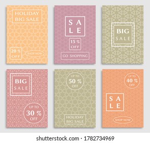 Sale banners, flyers with abstract geometric texture. Modern and vintage social media placard set for mobile website, posters, email and newsletter designs, ads, online shopping, promotional material