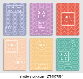 Sale banners, flyers with abstract geometric texture. Modern and vintage social media placard set for mobile website, posters, email and newsletter designs, ads, online shopping, promotional material