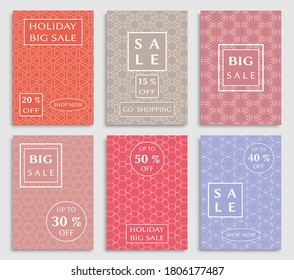 Sale banners, flyers with abstract geometric texture. Modern and vintage social media placard set for mobile website, posters, email and newsletter designs, ads, online shopping, promotional material