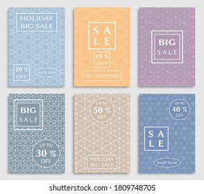 Sale banners, flyers with abstract geometric texture. Modern and vintage social media placard set for mobile website, posters, email and newsletter designs, ads, online shopping, promotional material