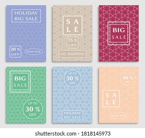 Sale banners, flyers with abstract geometric texture. Modern and vintage social media placard set for mobile website, posters, email and newsletter designs, ads, online shopping, promotional material