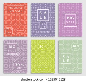 Sale banners, flyers with abstract geometric texture. Modern and vintage social media placard set for mobile website, posters, email and newsletter designs, ads, online shopping, promotional material
