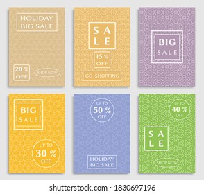 Sale banners, flyers with abstract geometric texture. Modern and vintage social media placard set for mobile website, posters, email and newsletter designs, ads, online shopping, promotional material