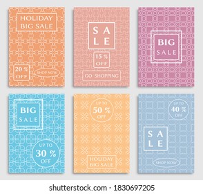 Sale banners, flyers with abstract geometric texture. Modern and vintage social media placard set for mobile website, posters, email and newsletter designs, ads, online shopping, promotional material