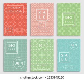 Sale banners, flyers with abstract geometric texture. Modern and vintage social media placard set for mobile website, posters, email and newsletter designs, ads, online shopping, promotional material