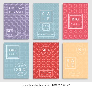 Sale banners, flyers with abstract geometric texture. Modern and vintage social media placard set for mobile website, posters, email and newsletter designs, ads, online shopping, promotional material
