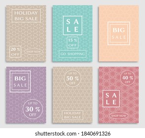 Sale banners, flyers with abstract geometric texture. Modern and vintage social media placard set for mobile website, posters, email and newsletter designs, ads, online shopping, promotional material
