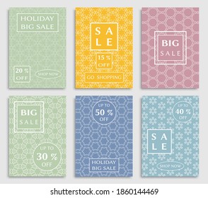 Sale banners, flyers with abstract geometric texture. Modern and vintage social media placard set for mobile website, posters, email and newsletter designs, ads, online shopping, promotional material