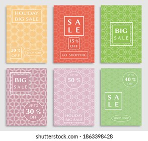 Sale banners, flyers with abstract geometric texture. Modern and vintage social media placard set for mobile website, posters, email and newsletter designs, ads, online shopping, promotional material