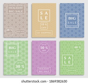 Sale banners, flyers with abstract geometric texture. Modern and vintage social media placard set for mobile website, posters, email and newsletter designs, ads, online shopping, promotional material