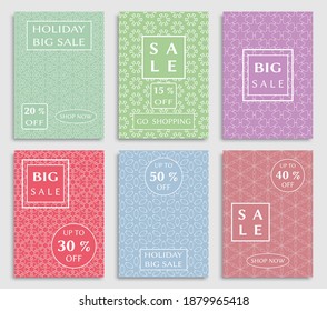 Sale banners, flyers with abstract geometric texture. Modern and vintage social media placard set for mobile website, posters, email and newsletter designs, ads, online shopping, promotional material