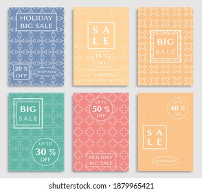 Sale banners, flyers with abstract geometric texture. Modern and vintage social media placard set for mobile website, posters, email and newsletter designs, ads, online shopping, promotional material